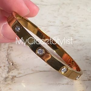 Gold Diamond Crystals Hinged Bangle Bracelet NEW!